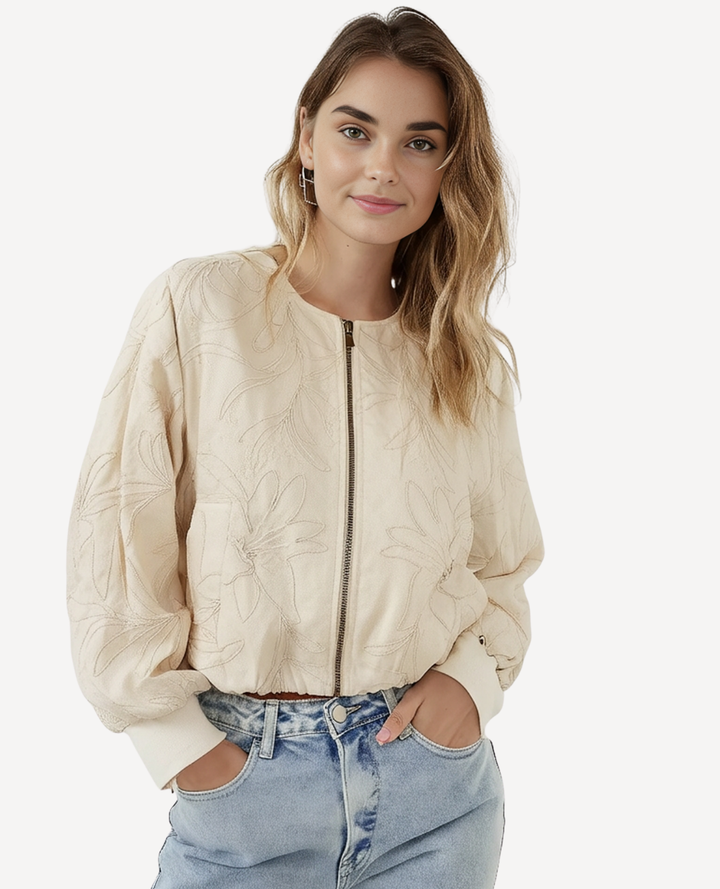 Chaqueta Puff Denim Bordada crema