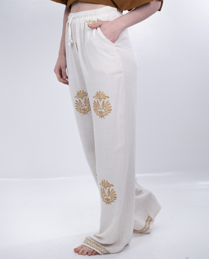 Pantalon en lino Bordado Beige