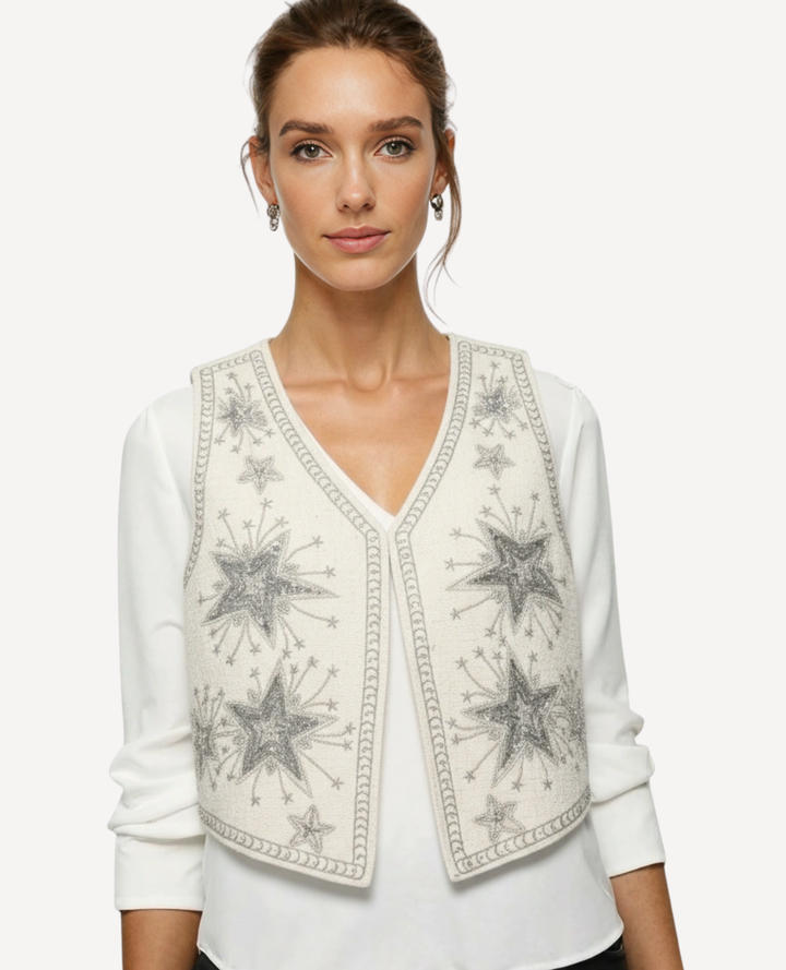 Chaleco Bordado Estrellas Marfil