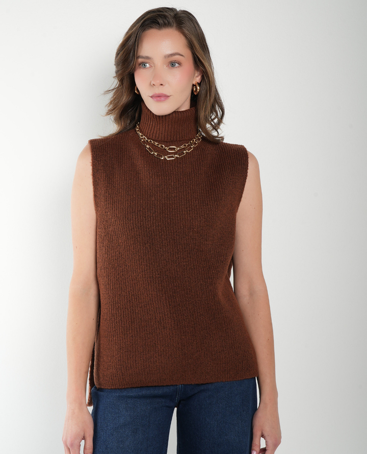 Chaleco Lana Cuello alto Cafe