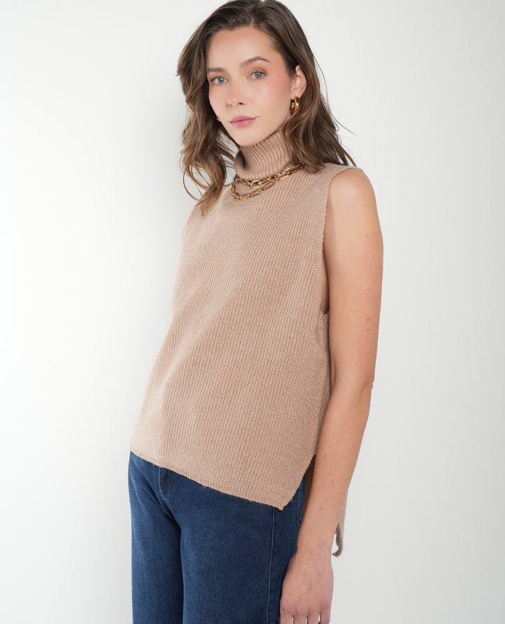 Chaleco Lana Cuello alto Taupe