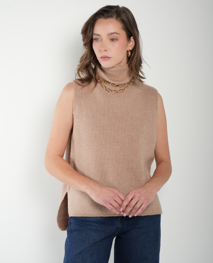 Chaleco Lana Cuello alto Taupe