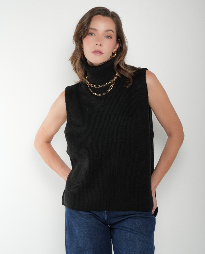 Chaleco Lana Cuello alto Negro