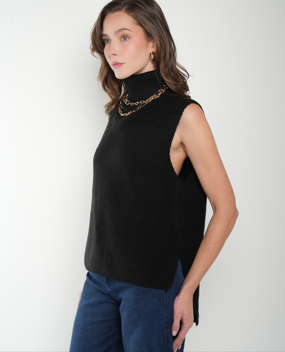 Chaleco Lana Cuello alto Negro