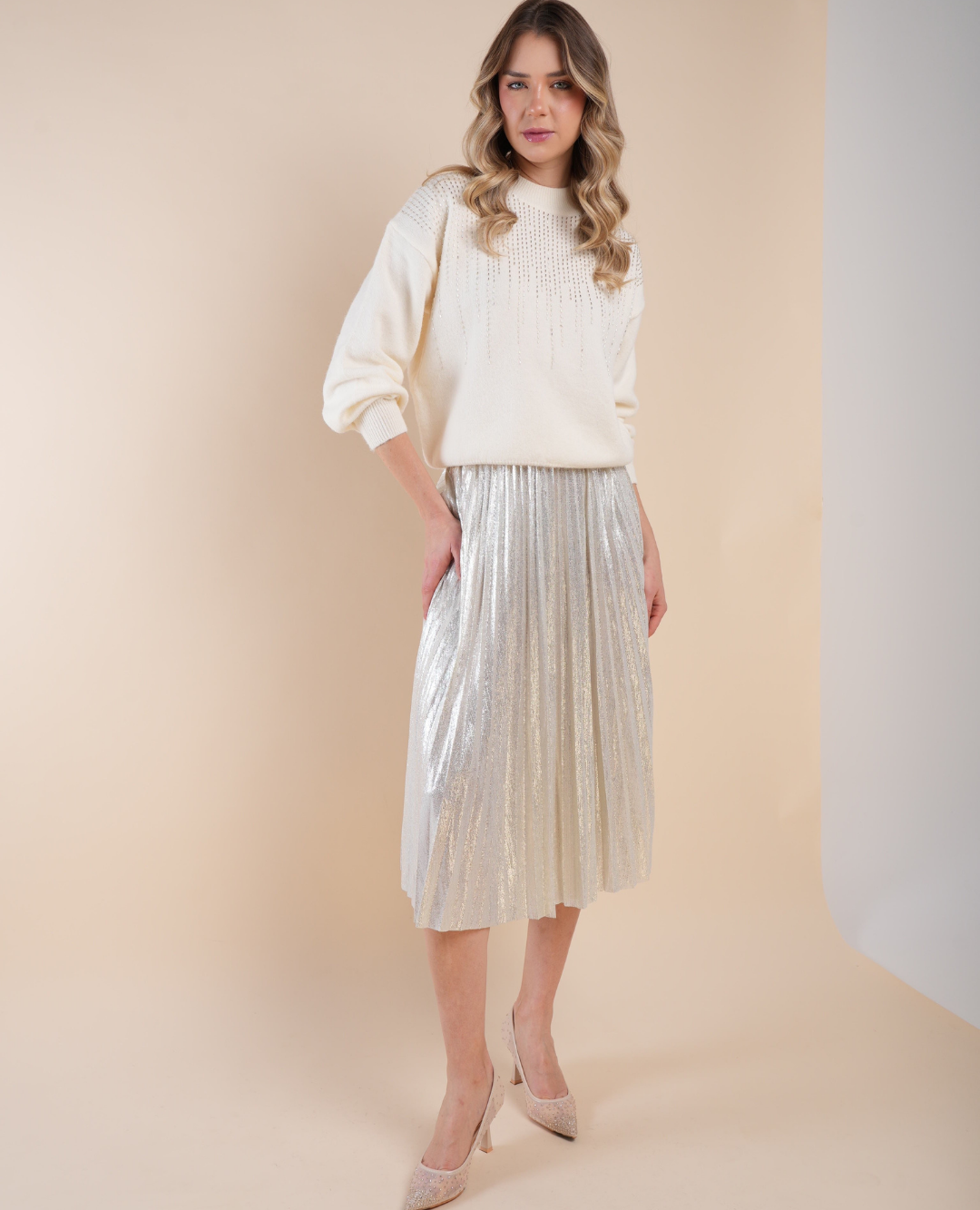 Falda Plisada metalizada Crema