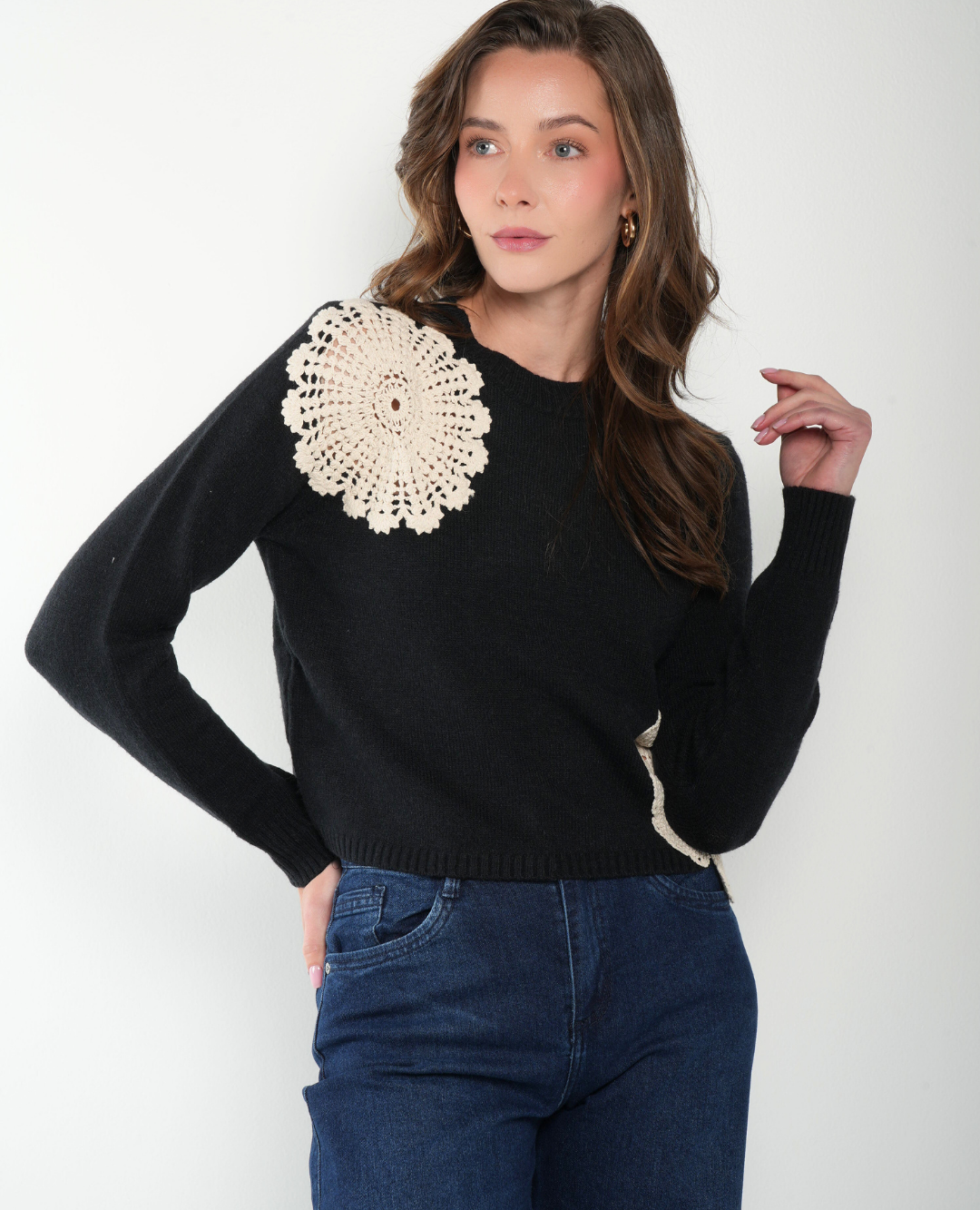 Saco Tejido Flor bordada Torchon