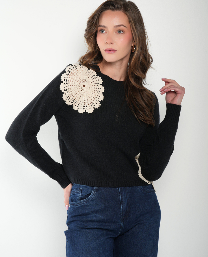 Saco Tejido Flor bordada Torchon