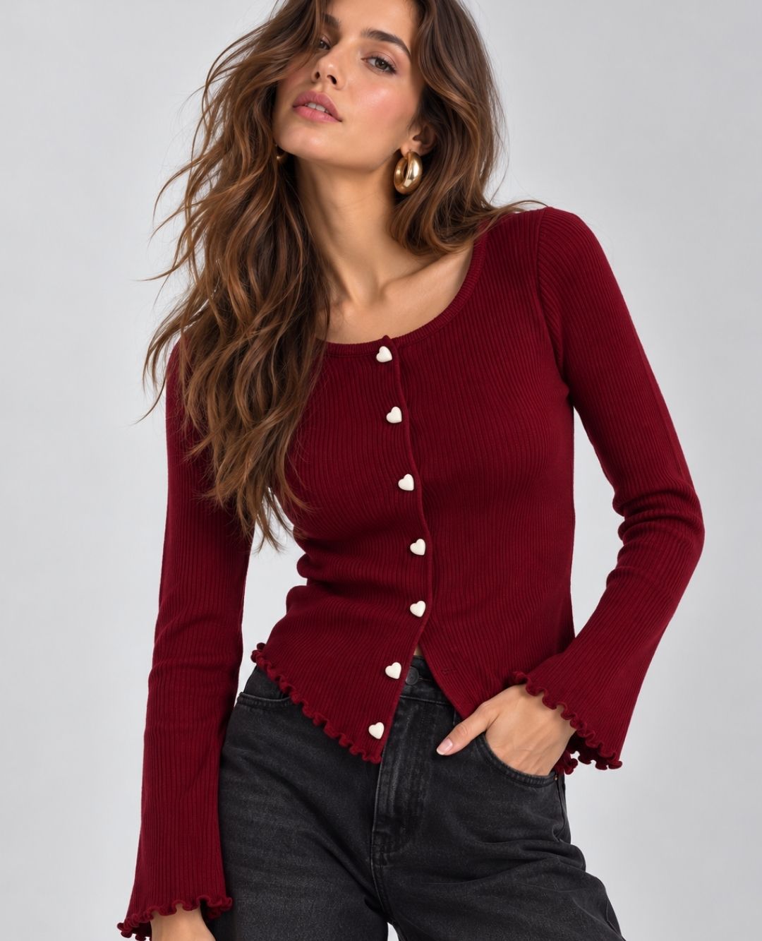 CARDIGAN ACANALADO BOTONES CORAZON VINO