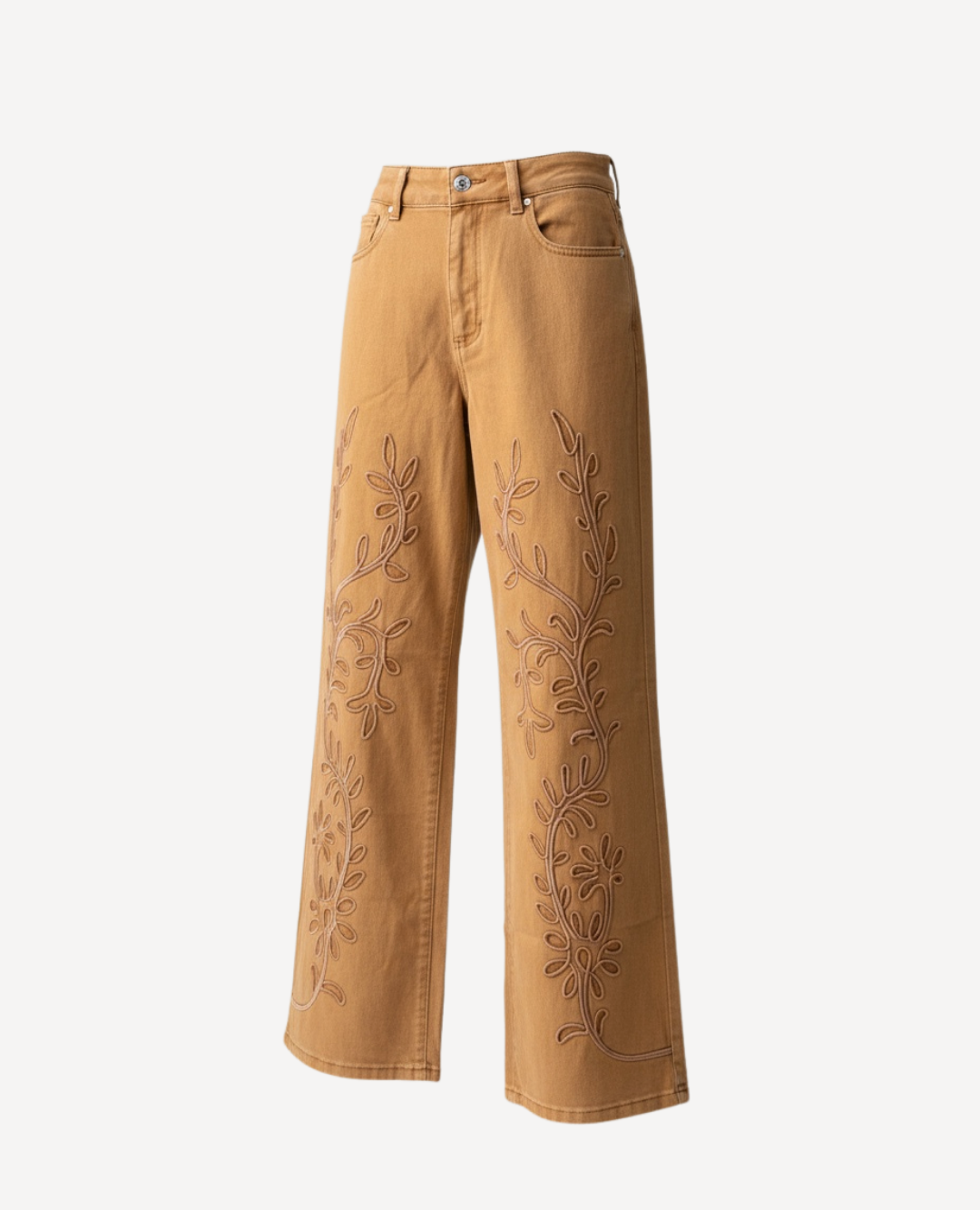 Pantalon Flores hojas bordadas Camel