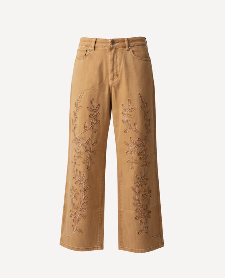 Pantalon Flores hojas bordadas Camel