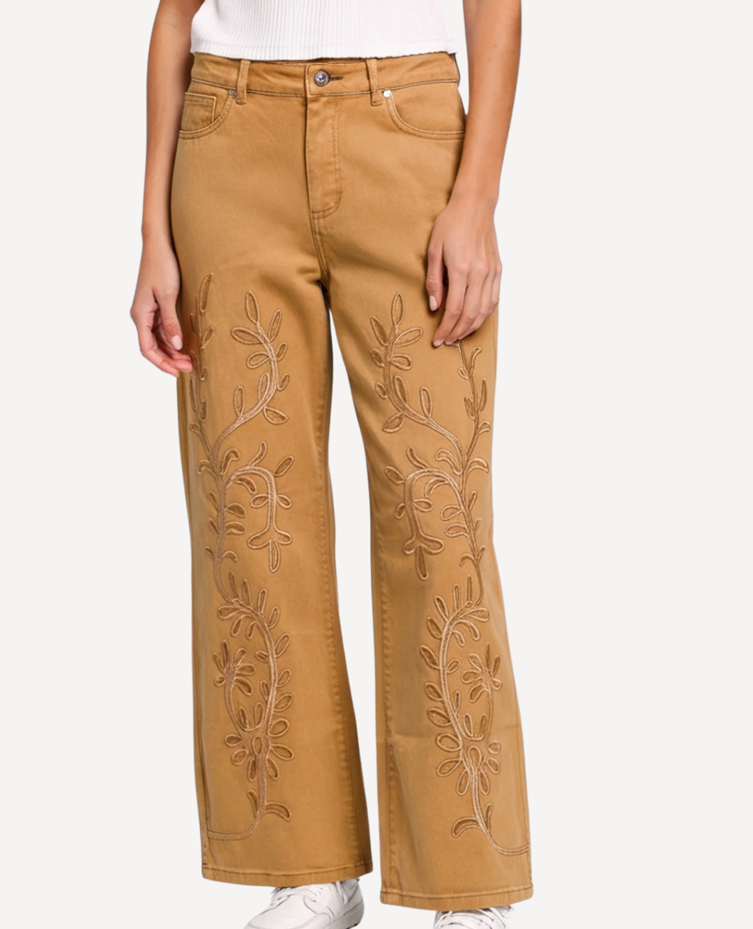 Pantalon Flores hojas bordadas Camel
