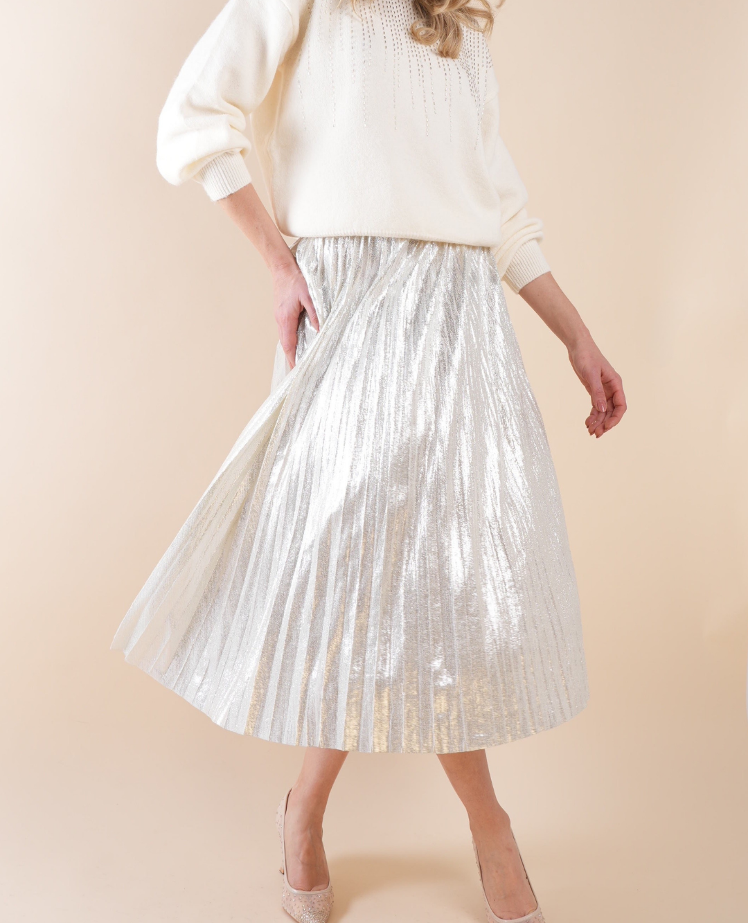 Falda Plisada metalizada Crema