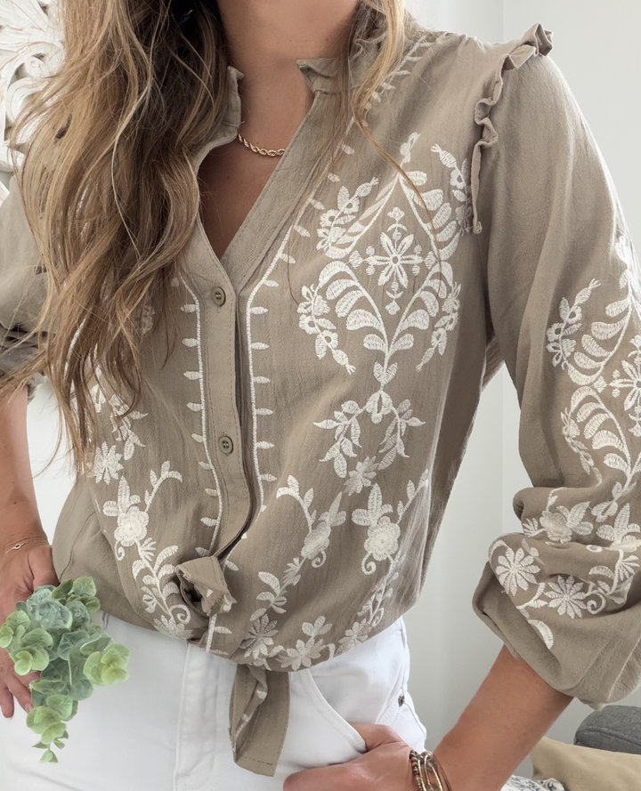 Blusa Bordada Floral Verde