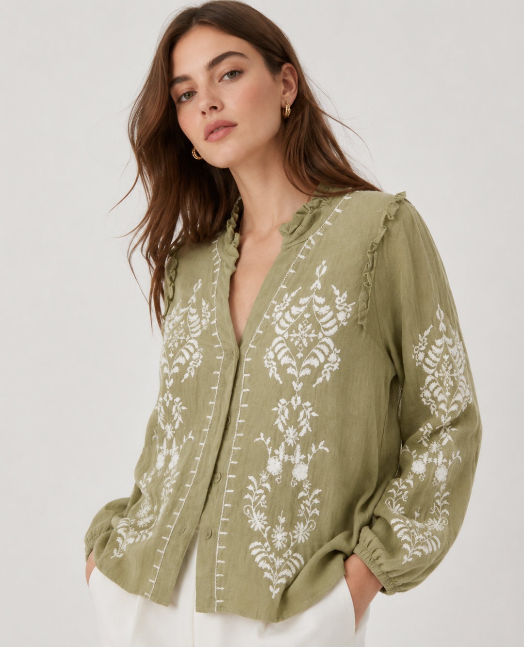 Blusa Bordada Floral Verde