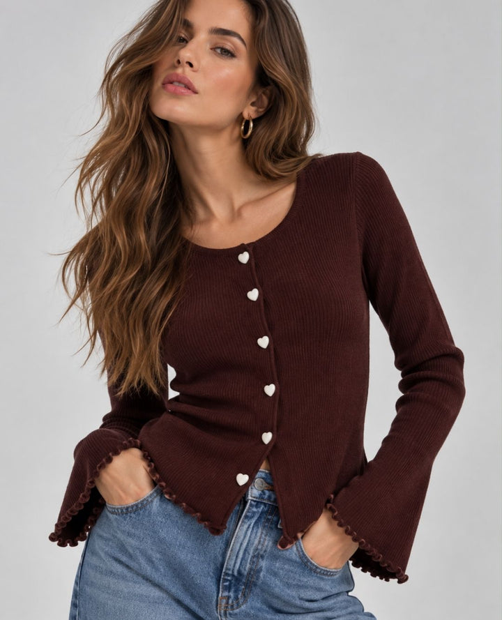 CARDIGAN ACANALADO BOTONES CORAZON CAFE