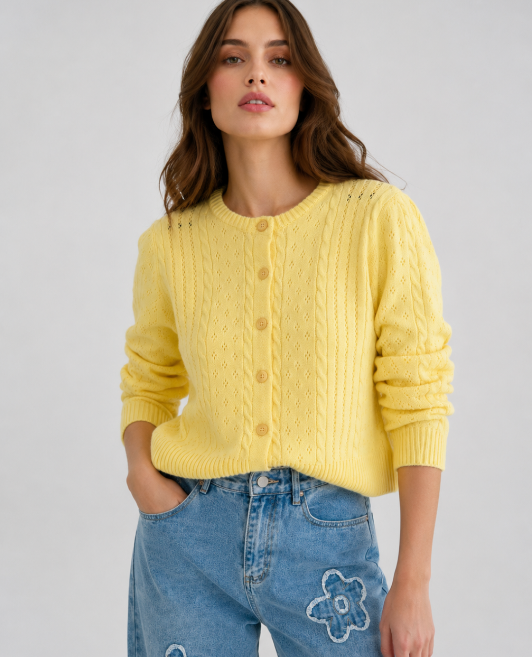 Cardigan Trenzado Amarillo Botones