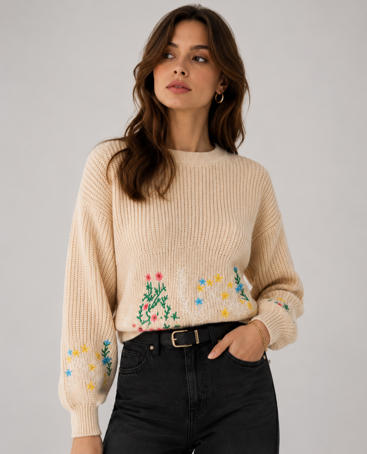 Saco Bordado Flores Marfil
