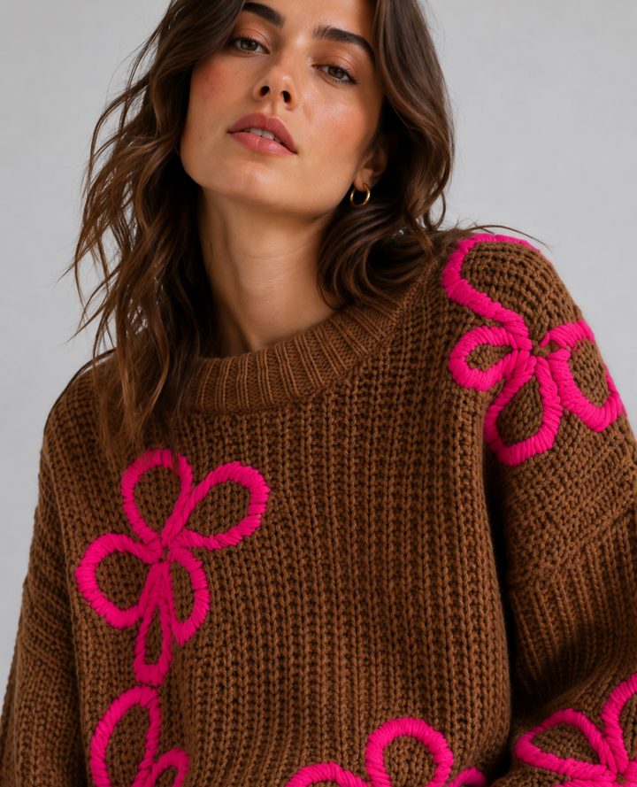 Saco Tejido Café Flores Fucsia