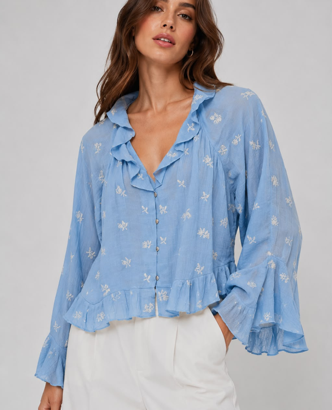 Blusa Seda Arandelas Bordada Baby Blue