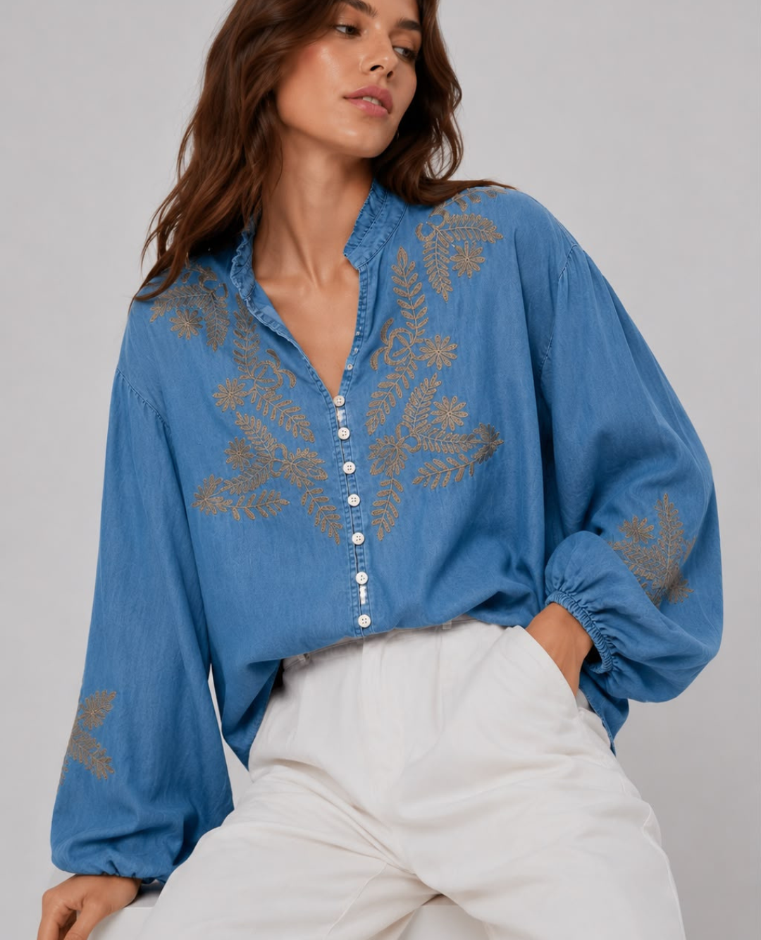 Blusa Denim Bordado viñetas