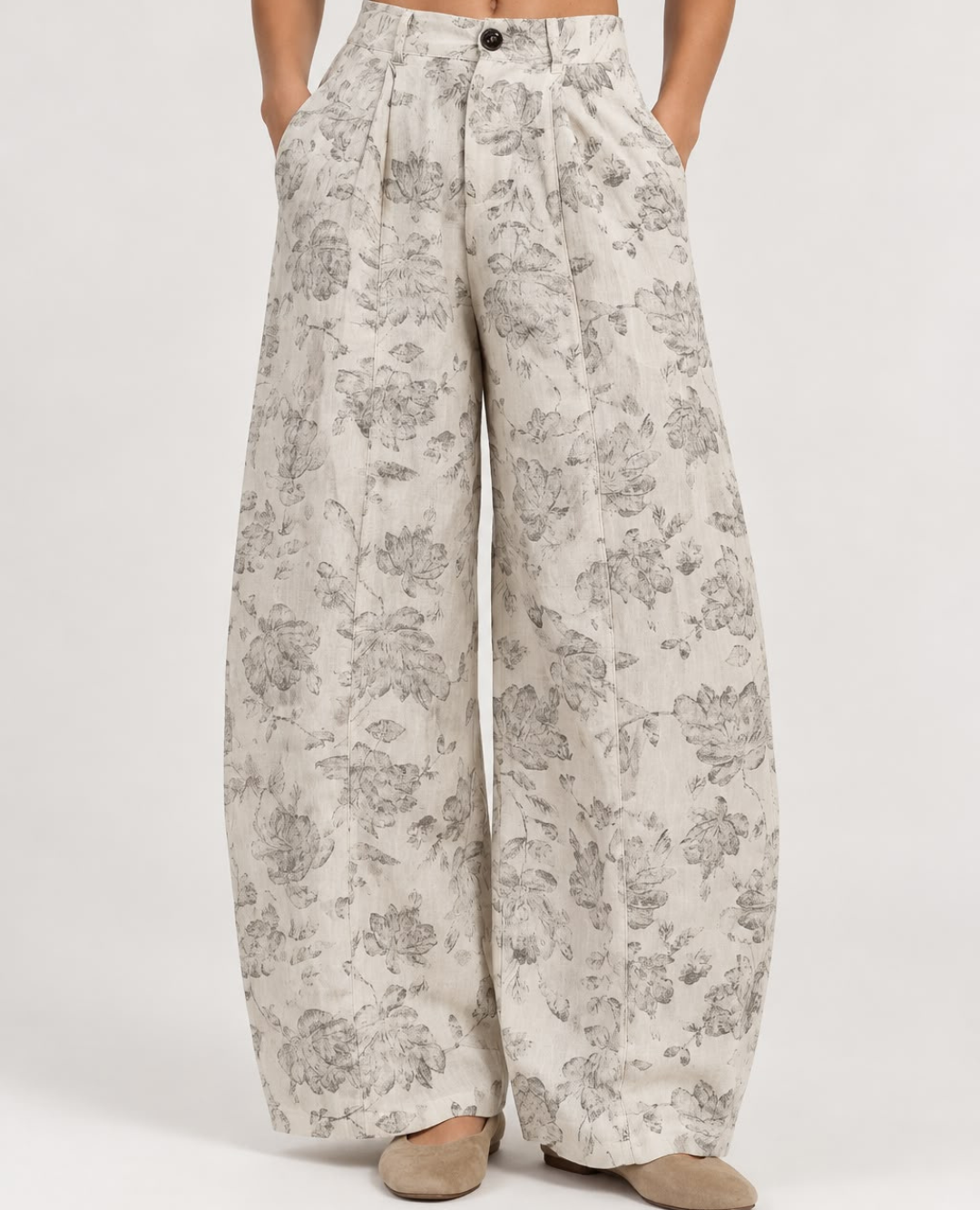 Pantalón Lino Flores Gris Amapola