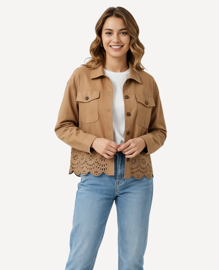 Chaqueta Gamuza calado flores Camel