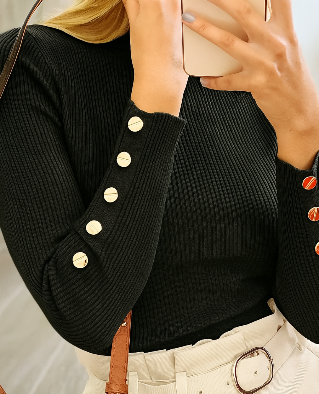 Basico Cuello tortuga Botones Negro