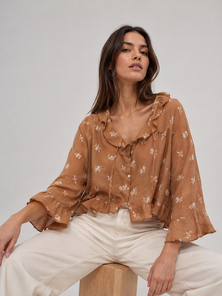 Blusa Seda Arandelas Bordada Taupe