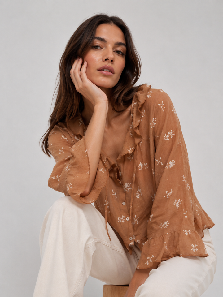 Blusa Seda Arandelas Bordada Taupe