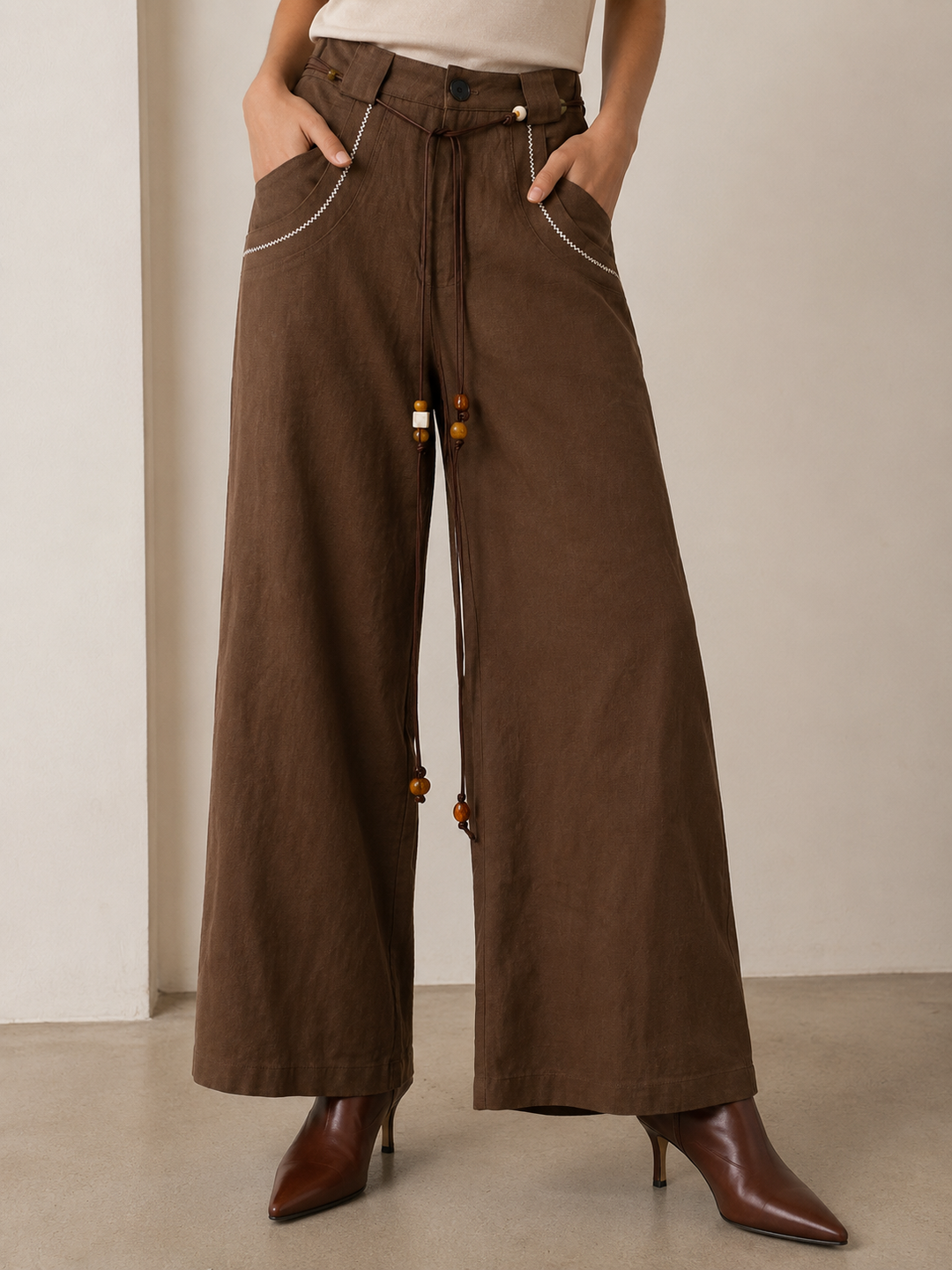 Pantalon Lino Bordado Cafe