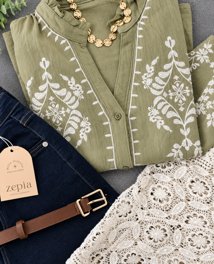 Blusa Bordada Floral Verde