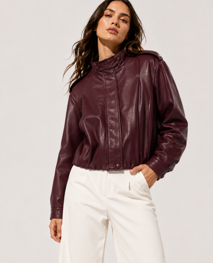 Chaqueta Manga Puff Efecto Cuero Vino