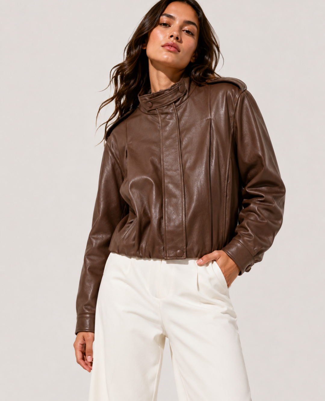 Chaqueta Manga Puff efecto Cuero Chocolate